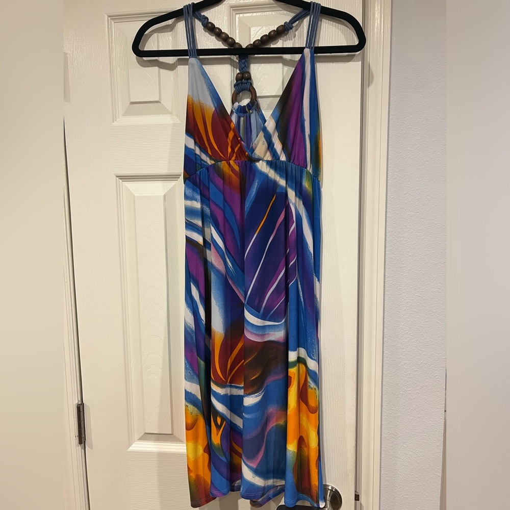 Ocean blue brand sundress/coverup with wooden beads - Picture 1 of 6